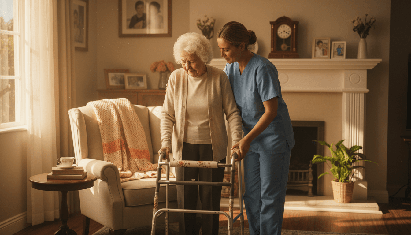 Aged care worker helping an elderly person maintain independence at home