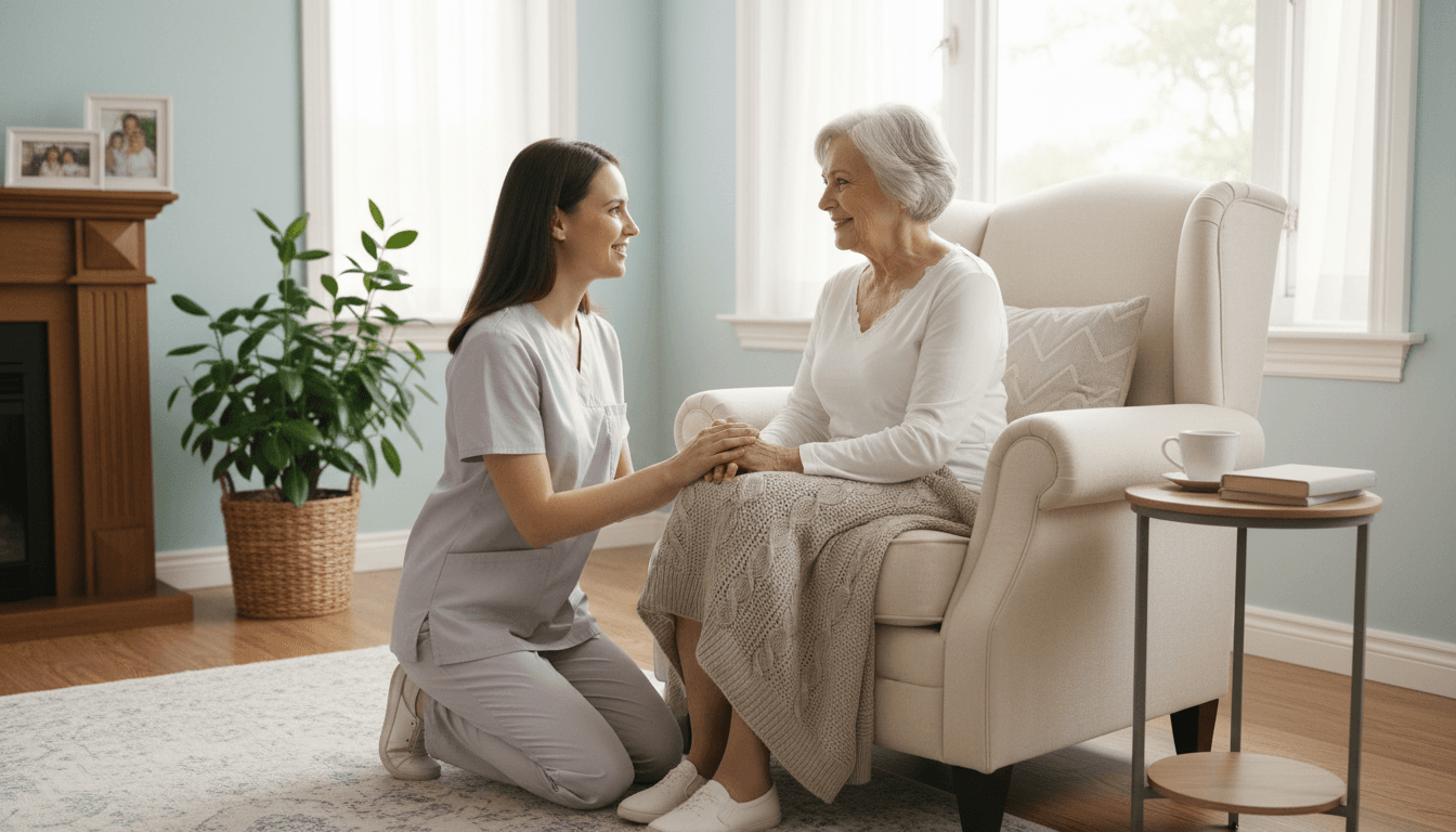 Aged care worker providing supportive assistance to elderly person in a warm, comfortable home environment